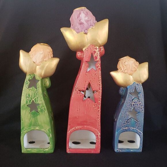 💐Vintage Set of 3 Lovely Ceramic Angel Votive Tealight Candle Holder Luminaries - Picture 4 of 10
